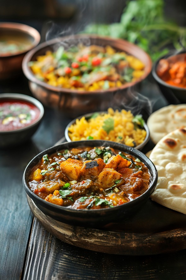 Indische Currys, Biryani und Naan-Brot